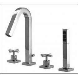 Xrectangular 4 piece deckmount tub filler cross handle with handshower X7718