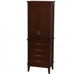 Bathroom Linen Tower in Dark Chestnut with Shelved Cabinet Storage and 4 Drawers