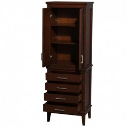 Bathroom Linen Tower in Dark Chestnut with Shelved Cabinet Storage and 4 Drawers