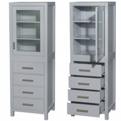 24 inch Linen Tower in Gray with Shelved Cabinet Storage and 4 Drawers