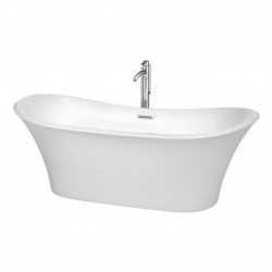 71 inch Freestanding Bathtub in White with Floor Mounted Faucet, Drain and Overflow Trim in Polished Chrome