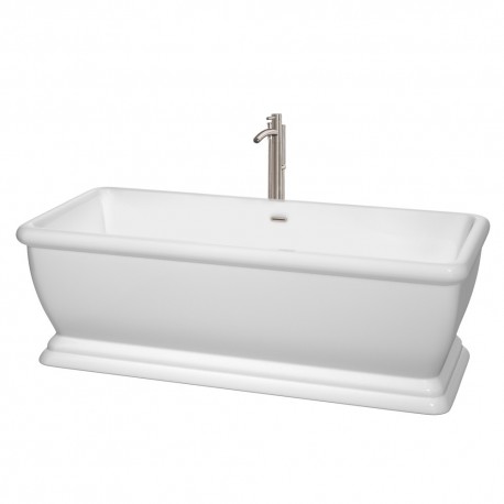 68 inch Freestanding Bathtub in White with Floor Mounted Faucet, Drain and Overflow Trim in Brushed Nickel