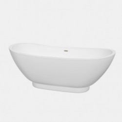 69 inch Freestanding Bathtub in White with Brushed Nickel Drain and Overflow Trim