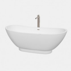 69 inch Freestanding Bathtub in White with Floor Mounted Faucet, Drain and Overflow Trim in Brushed Nickel