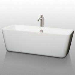 69 inch Freestanding Bathtub in White with Floor Mounted Faucet, Drain and Overflow Trim in Brushed Nickel