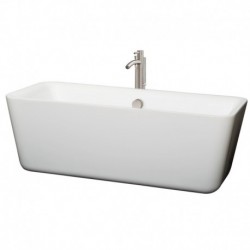 69 inch Freestanding Bathtub in White with Floor Mounted Faucet, Drain and Overflow Trim in Brushed Nickel
