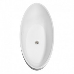 70 inch Freestanding Bathtub in White with Brushed Nickel Drain and Overflow Trim