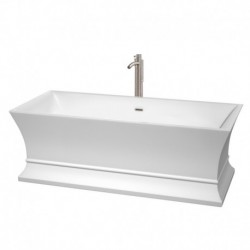 67 inch Freestanding Bathtub in White with Floor Mounted Faucet, Drain and Overflow Trim in Brushed Nickel