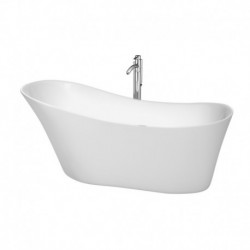67 inch Freestanding Bathtub in White with Floor Mounted Faucet, Drain and Overflow Trim in Polished Chrome