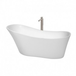 67 inch Freestanding Bathtub in White with Floor Mounted Faucet, Drain and Overflow Trim in Brushed Nickel