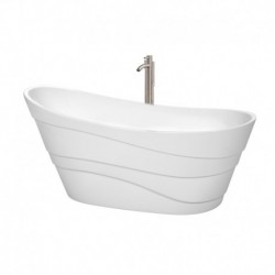 67 inch Freestanding Bathtub in White with Floor Mounted Faucet, Drain and Overflow Trim in Brushed Nickel