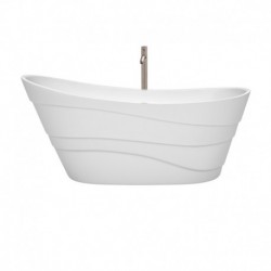 67 inch Freestanding Bathtub in White with Floor Mounted Faucet, Drain and Overflow Trim in Brushed Nickel