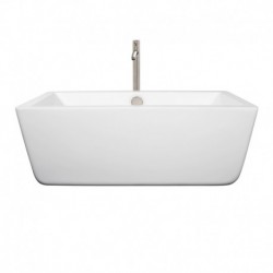 59 inch Freestanding Bathtub in White with Floor Mounted Faucet, Drain and Overflow Trim in Brushed Nickel