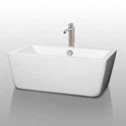 59 inch Freestanding Bathtub in White with Floor Mounted Faucet, Drain and Overflow Trim in Brushed Nickel