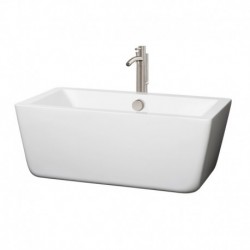 59 inch Freestanding Bathtub in White with Floor Mounted Faucet, Drain and Overflow Trim in Brushed Nickel