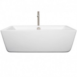 67 inch Freestanding Bathtub in White with Floor Mounted Faucet, Drain and Overflow Trim in Brushed Nickel