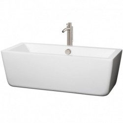 67 inch Freestanding Bathtub in White with Floor Mounted Faucet, Drain and Overflow Trim in Brushed Nickel