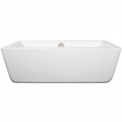 67 inch Freestanding Bathtub in White with Brushed Nickel Drain and Overflow Trim