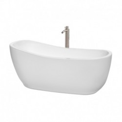 66 inch Freestanding Bathtub in White with Floor Mounted Faucet, Drain and Overflow Trim in Brushed Nickel