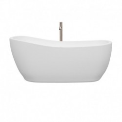 66 inch Freestanding Bathtub in White with Floor Mounted Faucet, Drain and Overflow Trim in Brushed Nickel