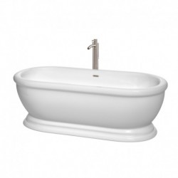 68 inch Freestanding Bathtub in White with Floor Mounted Faucet, Drain and Overflow Trim in Brushed Nickel