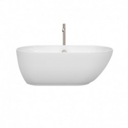 60 inch Freestanding Bathtub in White with Floor Mounted Faucet, Drain and Overflow Trim in Brushed Nickel