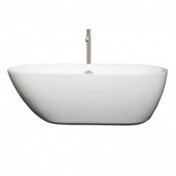 65 inch Freestanding Bathtub in White with Floor Mounted Faucet, Drain and Overflow Trim in Brushed Nickel
