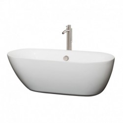 65 inch Freestanding Bathtub in White with Floor Mounted Faucet, Drain and Overflow Trim in Brushed Nickel