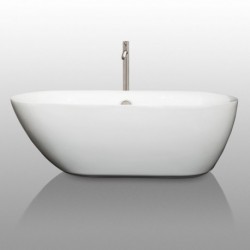 65 inch Freestanding Bathtub in White with Floor Mounted Faucet, Drain and Overflow Trim in Brushed Nickel
