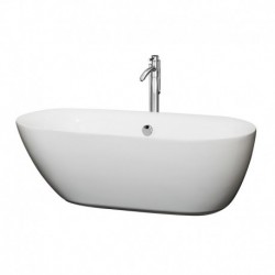 65 inch Freestanding Bathtub in White with Floor Mounted Faucet, Drain and Overflow Trim in Polished Chrome