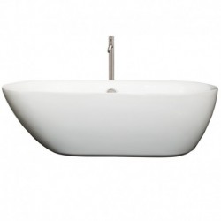 71 inch Freestanding Bathtub in White with Floor Mounted Faucet, Drain and Overflow Trim in Brushed Nickel