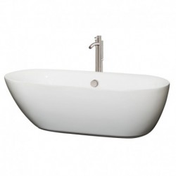 71 inch Freestanding Bathtub in White with Floor Mounted Faucet, Drain and Overflow Trim in Brushed Nickel