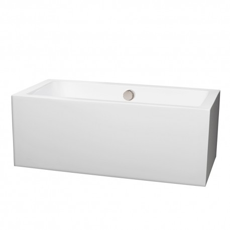 60 inch Freestanding Bathtub in White with Brushed Nickel Drain and Overflow Trim