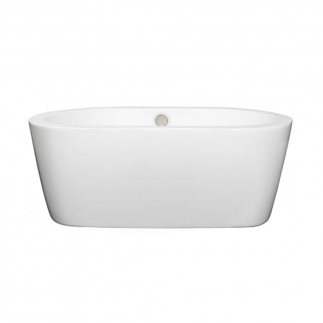 60 inch Freestanding Bathtub in White with Brushed Nickel Drain and Overflow Trim