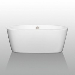 60 inch Freestanding Bathtub in White with Brushed Nickel Drain and Overflow Trim
