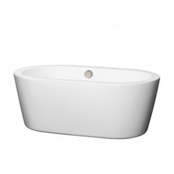 60 inch Freestanding Bathtub in White with Brushed Nickel Drain and Overflow Trim