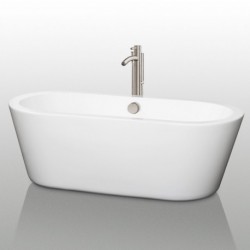 67 inch Freestanding Bathtub in White with Floor Mounted Faucet, Drain and Overflow Trim in Brushed Nickel