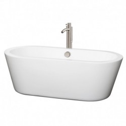 67 inch Freestanding Bathtub in White with Floor Mounted Faucet, Drain and Overflow Trim in Brushed Nickel