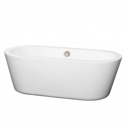 67 inch Freestanding Bathtub in White with Brushed Nickel Drain and Overflow Trim