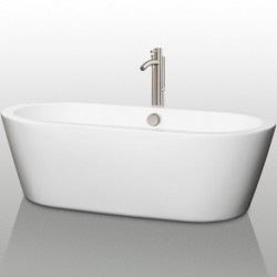 71 inch Freestanding Bathtub in White with Floor Mounted Faucet, Drain and Overflow Trim in Brushed Nickel