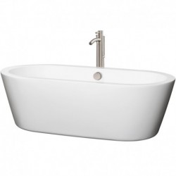 71 inch Freestanding Bathtub in White with Floor Mounted Faucet, Drain and Overflow Trim in Brushed Nickel