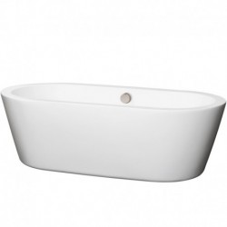 71 inch Freestanding Bathtub in White with Brushed Nickel Drain and Overflow Trim