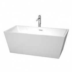 63 inch Freestanding Bathtub in White with Floor Mounted Faucet, Drain and Overflow Trim in Polished Chrome