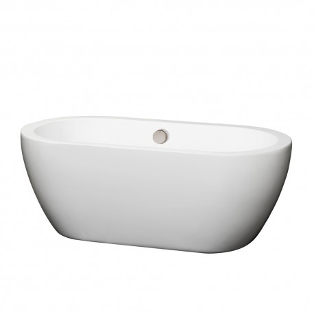 60 inch Freestanding Bathtub in White with Brushed Nickel Drain and Overflow Trim