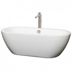 68 inch Freestanding Bathtub in White with Floor Mounted Faucet, Drain and Overflow Trim in Brushed Nickel