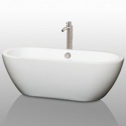 68 inch Freestanding Bathtub in White with Floor Mounted Faucet, Drain and Overflow Trim in Brushed Nickel