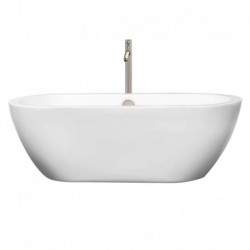 68 inch Freestanding Bathtub in White with Floor Mounted Faucet, Drain and Overflow Trim in Brushed Nickel