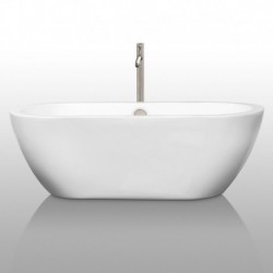 68 inch Freestanding Bathtub in White with Floor Mounted Faucet, Drain and Overflow Trim in Brushed Nickel