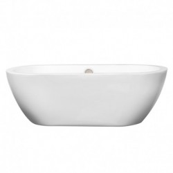 68 inch Freestanding Bathtub in White with Brushed Nickel Drain and Overflow Trim