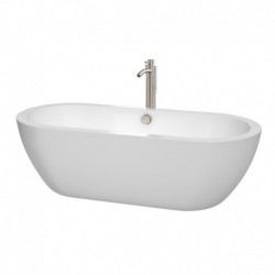 72 inch Freestanding Bathtub in White with Floor Mounted Faucet, Drain and Overflow Trim in Brushed Nickel